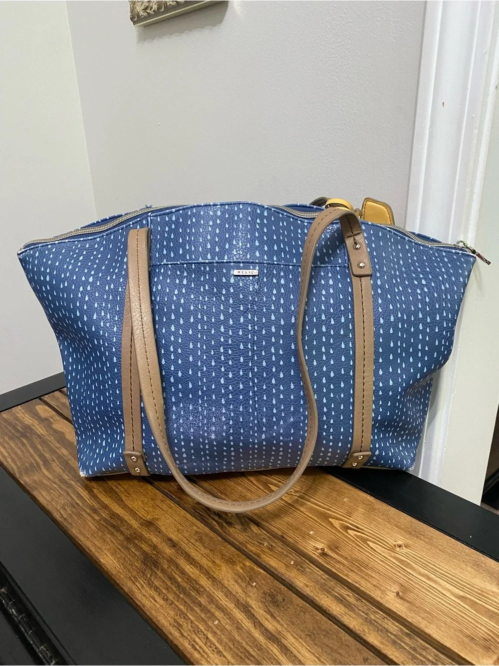 Relic Blue Printed Tote Bag with Tan Straps
